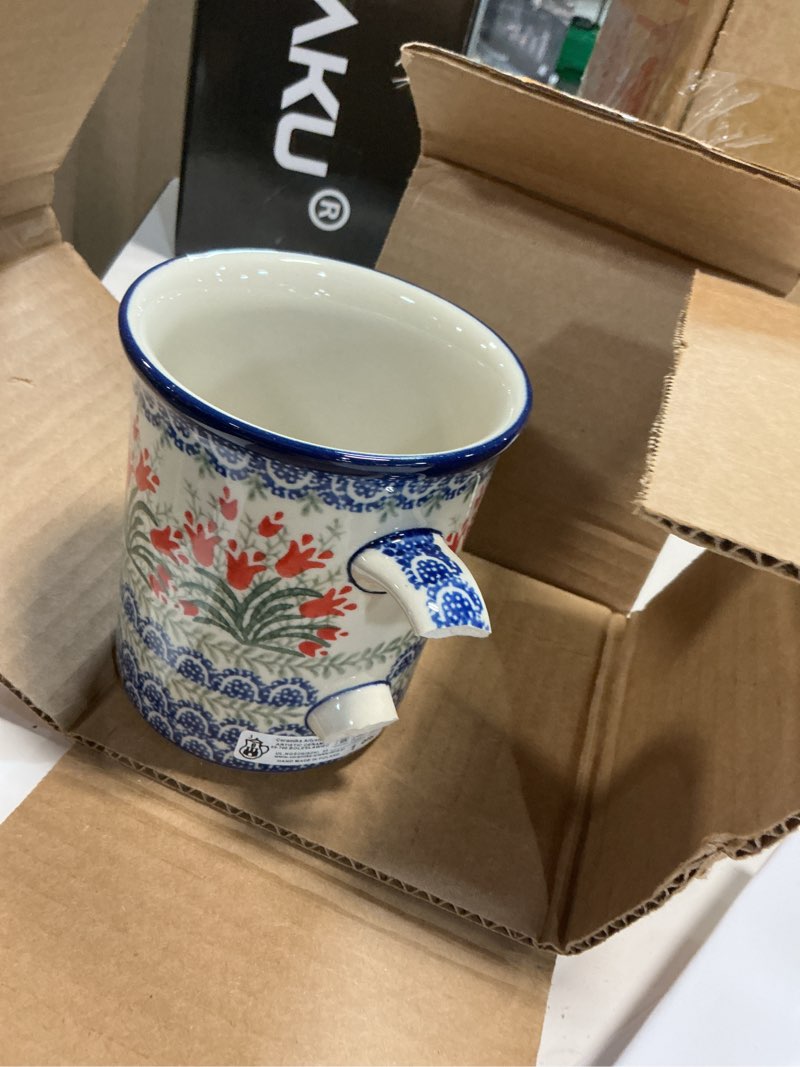 Condition photo showing As Is for polmedia polish pottery mug 20 oz - crimson bells pattern handmade in boleslawiec poland by ceramika artystyczna + certificate of authenticity