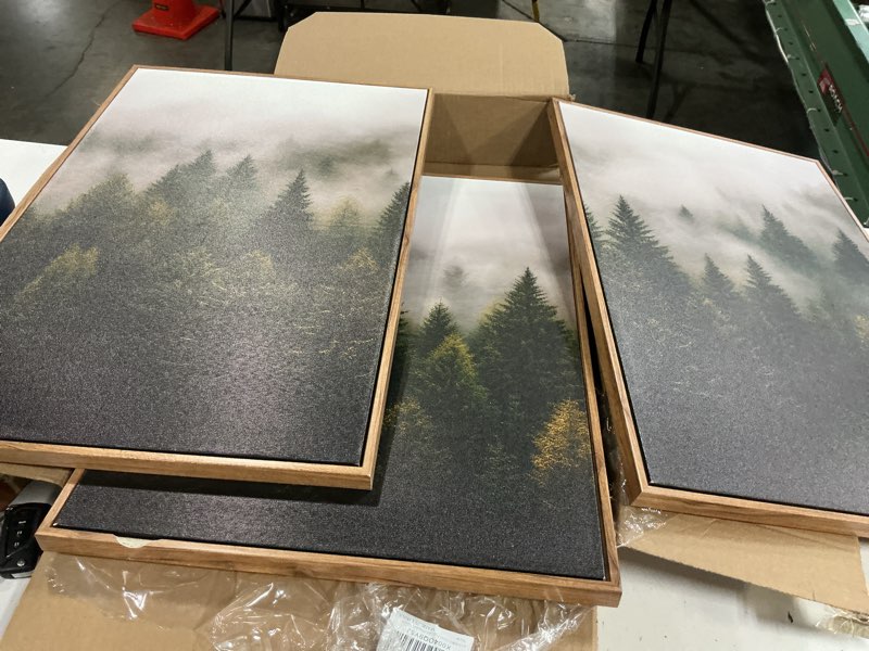 Condition photo showing As Is for kuvioke green fog pine tree landscape framed wall art nature nordic misty forests prints morden farmhouse bedroom living room ready to hang 11x14in (natural framed) fog forest brown 14l" x 11w" x 3 panels