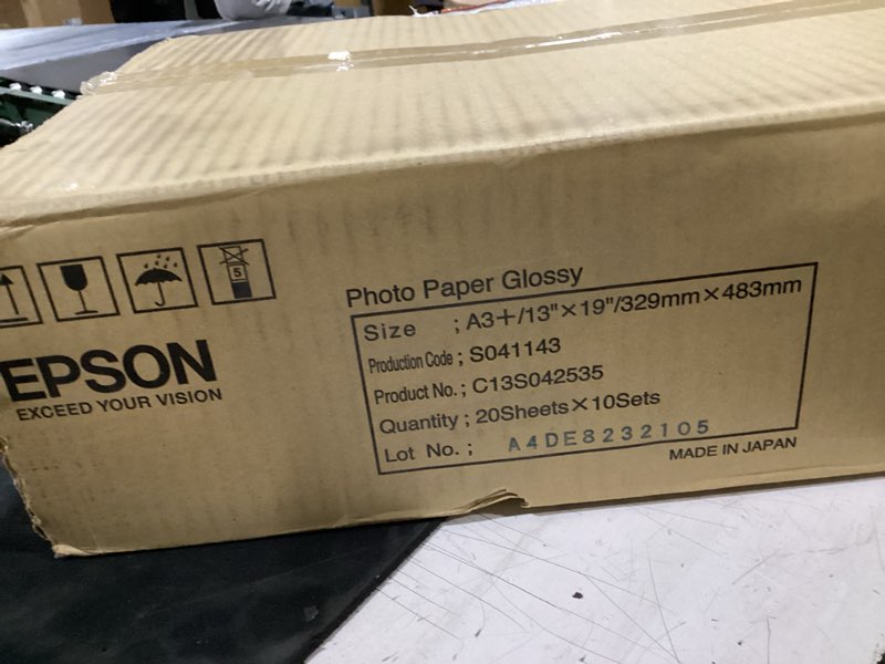 Condition photo showing Good Condition for epson photo paper glossy in size a3+ (13? × 19? / 329 mm × 483 mm), product number c13s042535, containing a total bulk quantity of 200 sheets (20 sheets × 10 sets)