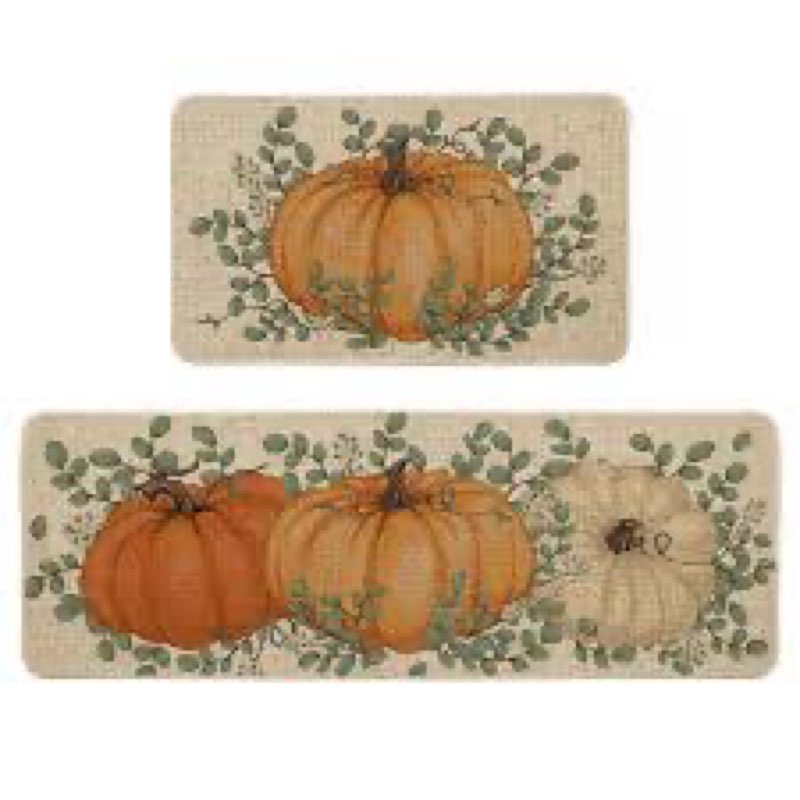 Artoid Mode Orange Pumpkin Eucalyptus Fall Kitchen Mats Set of 2, Autumn Home Decor Low-Profile Kitc