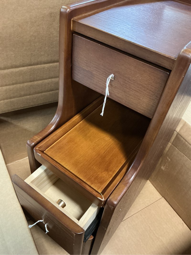 Condition photo showing Good Condition for Narrow Nightstand with 3 Drawers,Solid Wood Narrow Bedside Table Walnut, Modern Skinny Nightstand for Bedroom(Fully Assembly) Walnut?15.75"d X 7.87"w X 23.62"h?