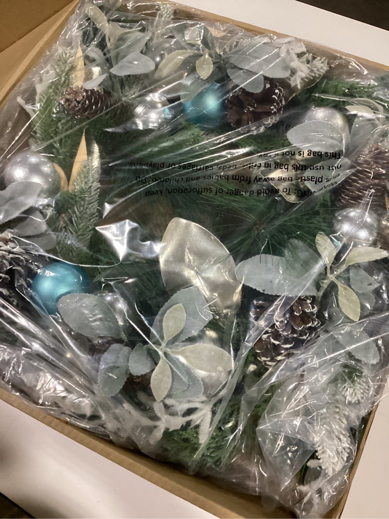Condition photo showing Good Condition for 26 Inch Winter Wreath for Front Door – Winter Pine and Pinecone Wreath with Blue & Silver Ornaments, Frosted Greenery and Golden Leaves – Cedar Wreaths Holiday Decoration for Home, Fireplace & Porch