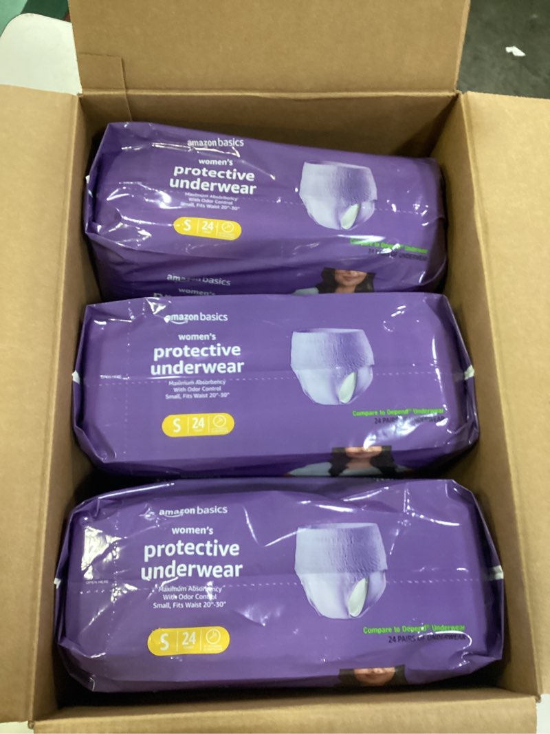 Condition photo showing New/Like New for 72 count size small  amazon basics maximum absorbency postpartum incontinence underwear for women, protective, disposable, fresh protection, bladder leak protection, small, lavender, 72 count small