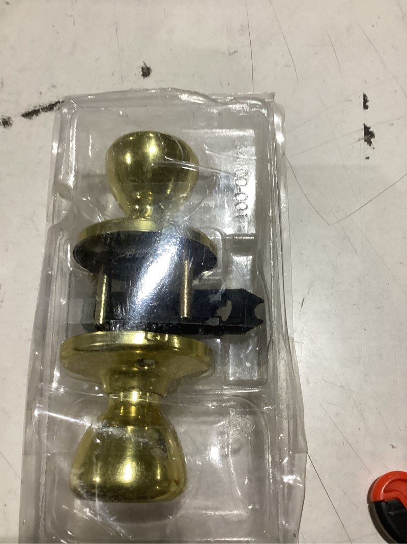 Condition photo showing As Is for kwikset mobile home tylo polished brass interior bed/bath no deadbolt privacy door knob with antimicrobial technology