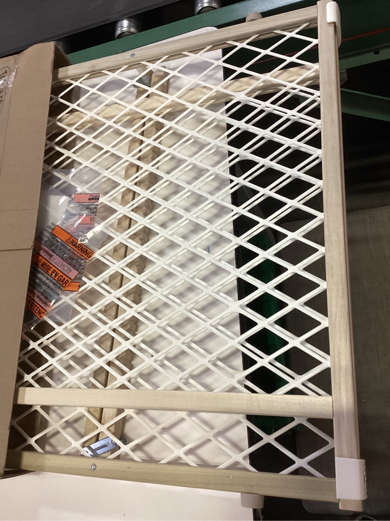 Condition photo showing As Is for Toddleroo by North States - Diamond Mesh Wooden Baby Gate: Pressure Mounted Baby Gate for Doorways - Adjustable 26.5 to 42 Inches Wide - 23 Inches Tall