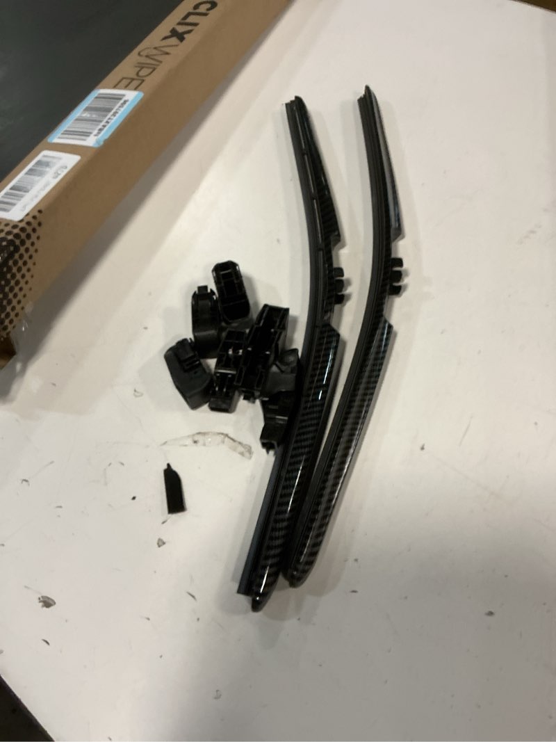 Condition photo showing As Is for ClixWipers 26" + 18" (Set of 2) Black Carbon Fiber All Weather Premium Automotive Replacement Windshield Wiper Blades, Passenger and Driver Side Winter Wiper Blades for Various Car Models 26" + 18" Black Carbon