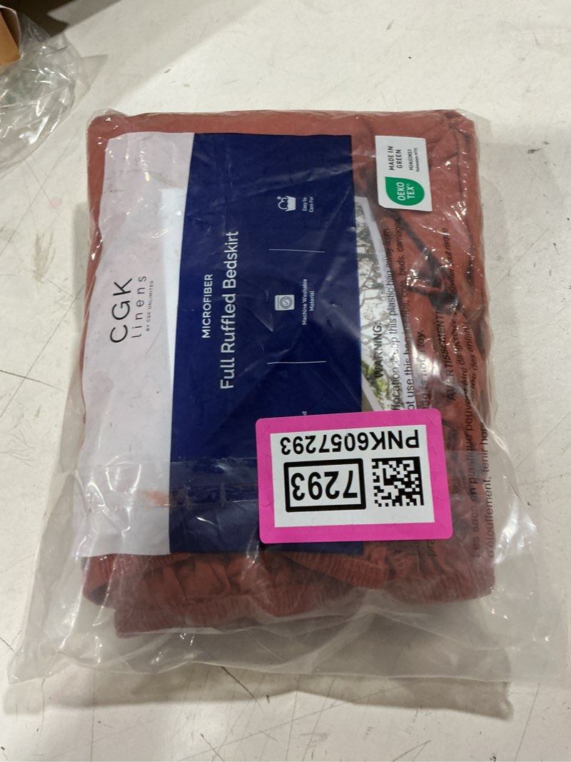 Condition photo showing New/Like New for wrap around dust ruffle bed skirt - terracotta - for full size beds w/ 15 inch drop - easy fit elastic strap - adjustable pleated bedskirt w/brushed fabric - wrinkle free, women, men, kids & teens full/full xl 15" - drop 26 - terracotta