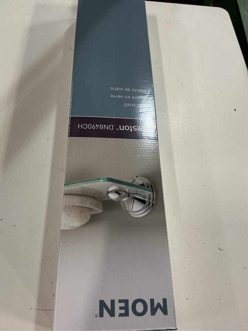 Condition photo showing New/Like New for Moen DN8490CH Preston Collection 19.5-Inch Wide x 4-Inch Deep Decorative Glass Bathroom Vanity Shelf, Chrome