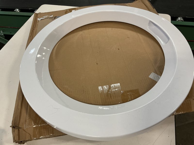 Condition photo showing As Is for electrolux replacement white outer door panel for washer, part# 134550500
