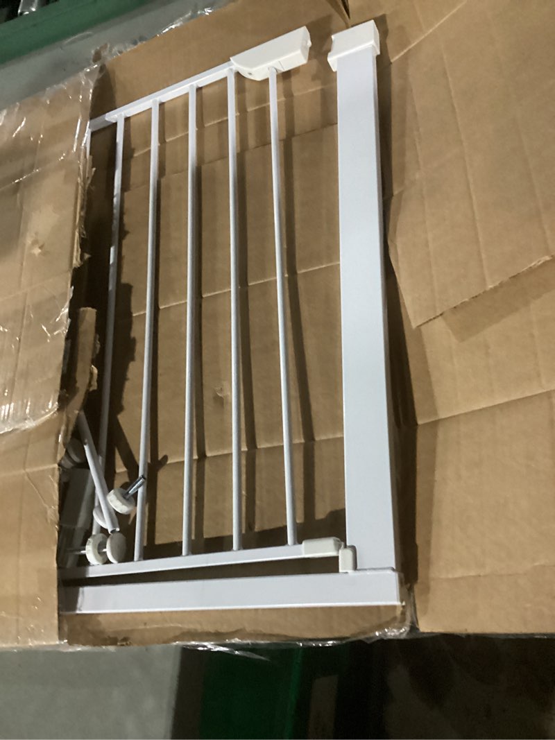 Condition photo showing As Is for cumbor 29.7-46" baby gate for stairs, toddler safety essentials for the house, auto close dog gate for doorways, mom's choice awards winner-easy install pressure mounted pet gates for dogs, white white 29.7"-46"w x 30.5"h