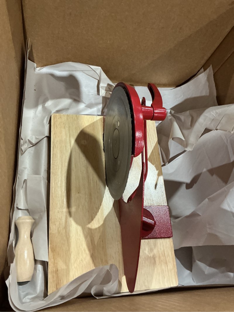 Condition photo showing As Is for (similar to not exact )cawiu upgraded manual bread slicer for homemade sourdough bread - adjustable thickness bread cutter with hand crank, suction cups, slicing guide, scale line & cover, for perfect even slices (red)