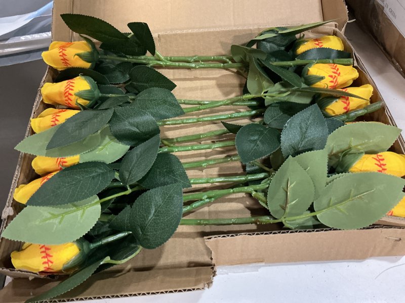 Condition photo showing New/Like New for hotop 12 pcs softball roses with leaves artificial yellow rose bouquet for softball team senior fans coach gift sports theme graduation wedding party decoration 12 single softball