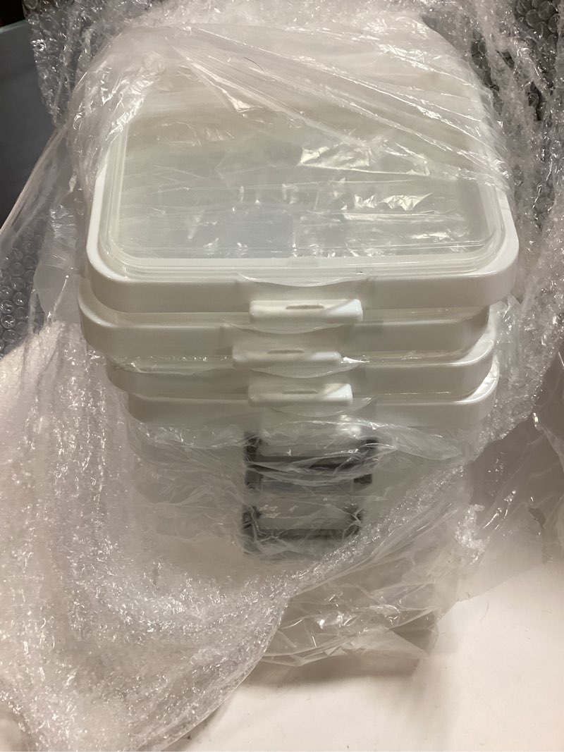 Condition photo showing Good Condition for Sunnyray 4 Pcs Rice Storage Container 22 lb Airtight Flour Container with Wheels Measuring Cup Clear Pet Food Cube Dog Cat Birds Food Bin Grain Cereal Organizer Box for Dry Baking Supplies(White Lid) White Lid 22 lb