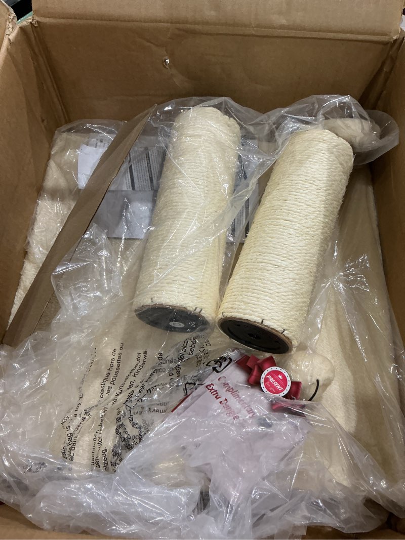 Condition photo showing As Is for amazon basics multi- platform cat tree with scratching post for indoor cats up to 25lbs, 18 x 14 x 22 inches, beige platform beige