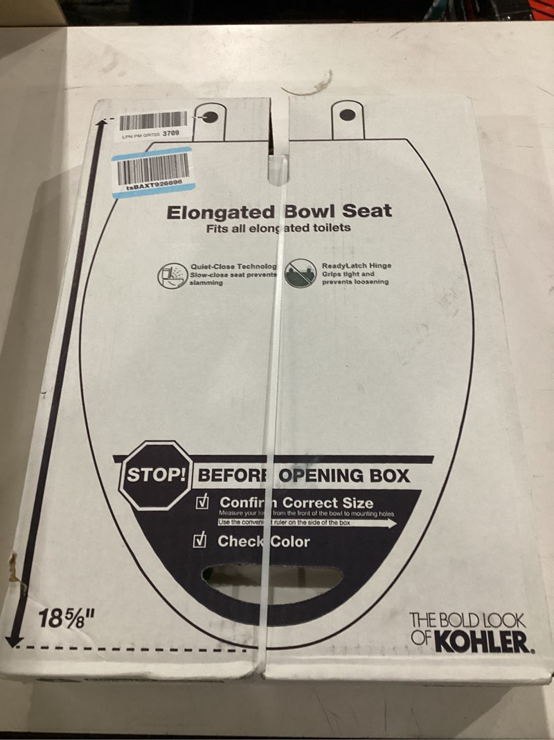 Condition photo showing New/Like New for kohler 4636-rl-0 cachet readylatch elongated slow close toilet seat, soft close toilet seat quiet lid, contoured grip-tight bumpers installation hardware, apartment essentials, white white elongated ready latch