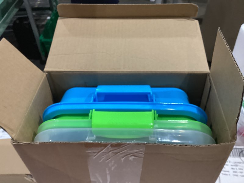 Condition photo showing As Is for Sensory Bin Sand Tray with Lid for Toddlers 2 Pcs 15in Portable Sandbox Toy Large Plastic Tray for Kids 3 4 5 6 Fill with Sand, Water, Beads, and More (Green+Blue) Green+blue 15x10x3.2in