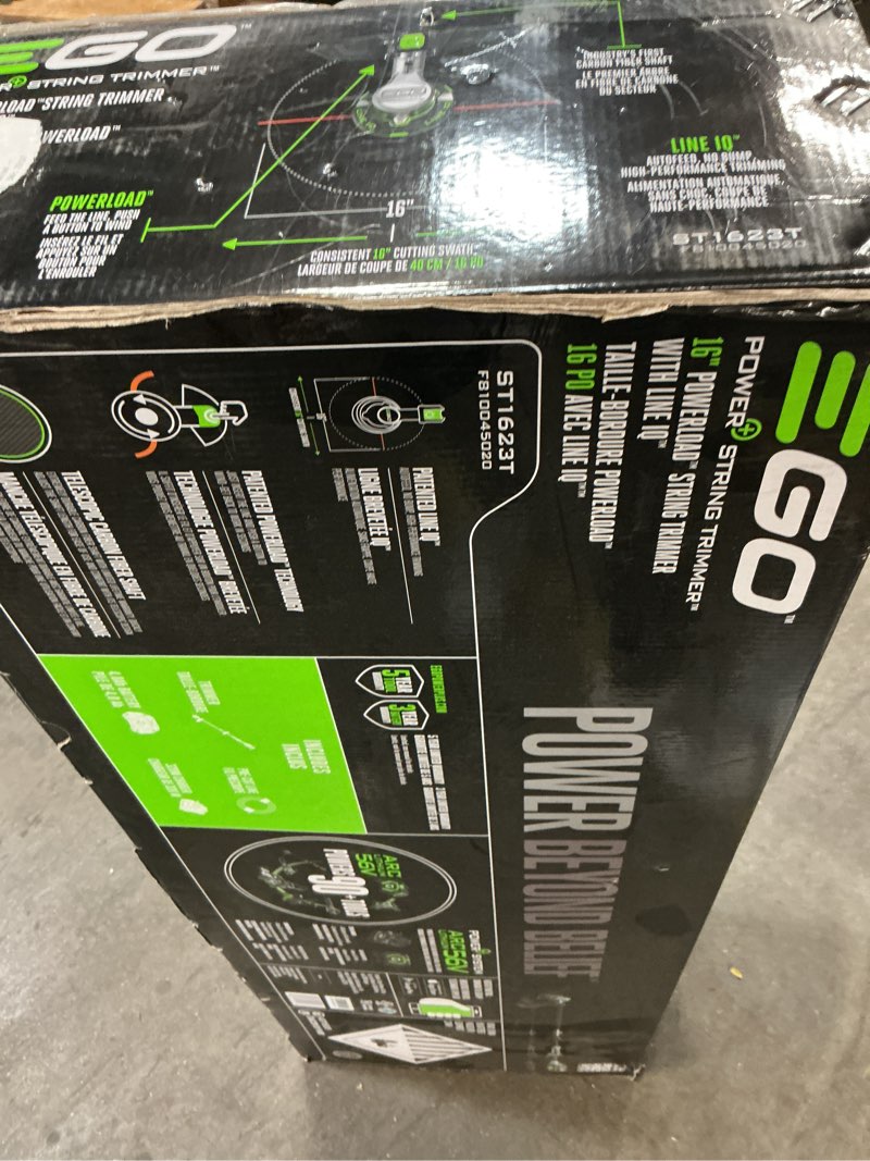 Condition photo showing As Is for ego power+ st1623t 16-inch 56-volt lithium-ion cordless powerload™ with line iq™ telescopic carbon fiber straight shaft string trimmer, 4.0ah battery and charger included