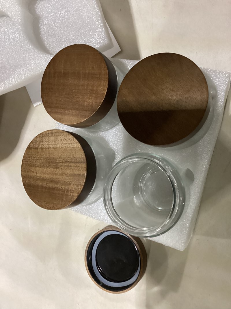 Condition photo showing Good Condition for 16oz 4 pack overnight oats containers with lids, glass mason jars with acacia wood airtight lids, wide mouth meal prep storage jars for yogurt, chia pudding, salad, parfait, snacks, spice acacia 16oz-4
