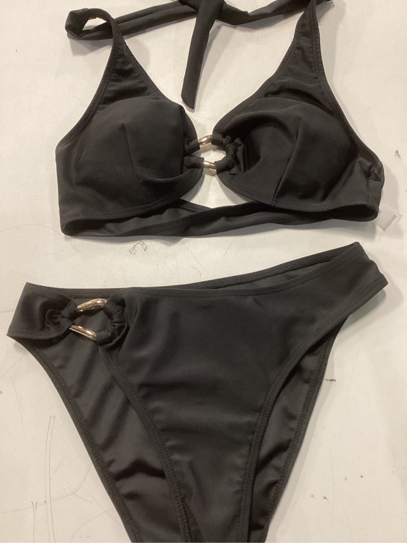 Condition photo showing Good Condition for Women's Halter Bikini Set Ring Linked Two Piece Swimsuit Sexy Summer Beachwear Vacation Pool Swim Outfit Small Black