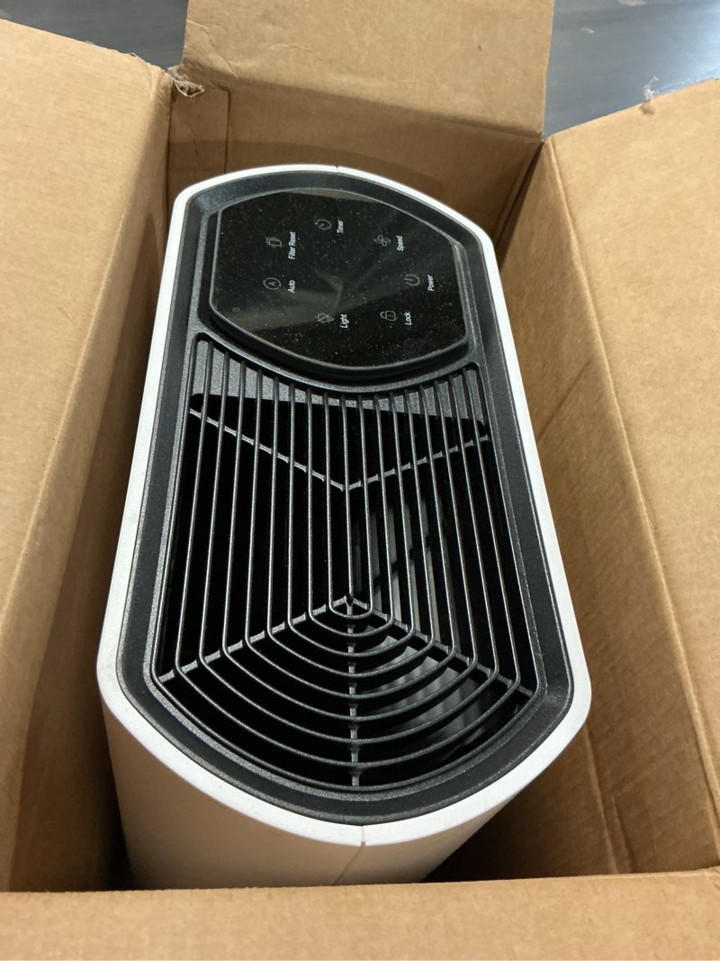 Condition photo showing As Is for air purifier for large room, cleans 2,400 ft² in 30 mins, 3-stage true hepa, 360° airflow, large touch display control, real-time air quality (pm2.5) display, ultra-quiet 20db sleep mode, bright white