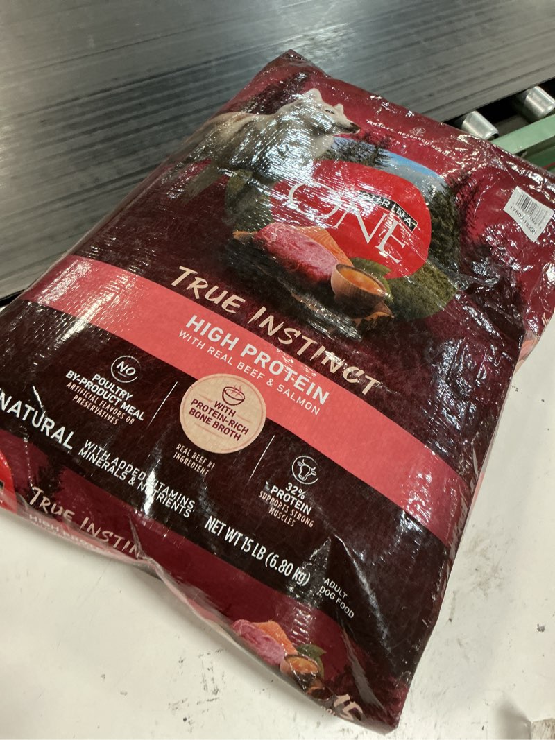 Condition photo showing Good Condition for purina one natural high protein dry dog food dry true instinct with real beef and salmon with bone broth and added vitamins, minerals and nutrients - 15 lb. bag ( best by mar 2027 )