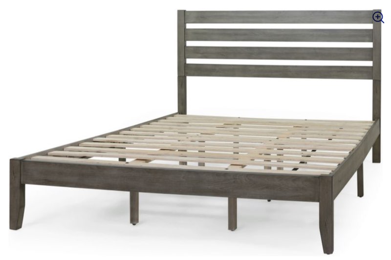 Queen Bed with Platform Frame and Wood Slats In Grey