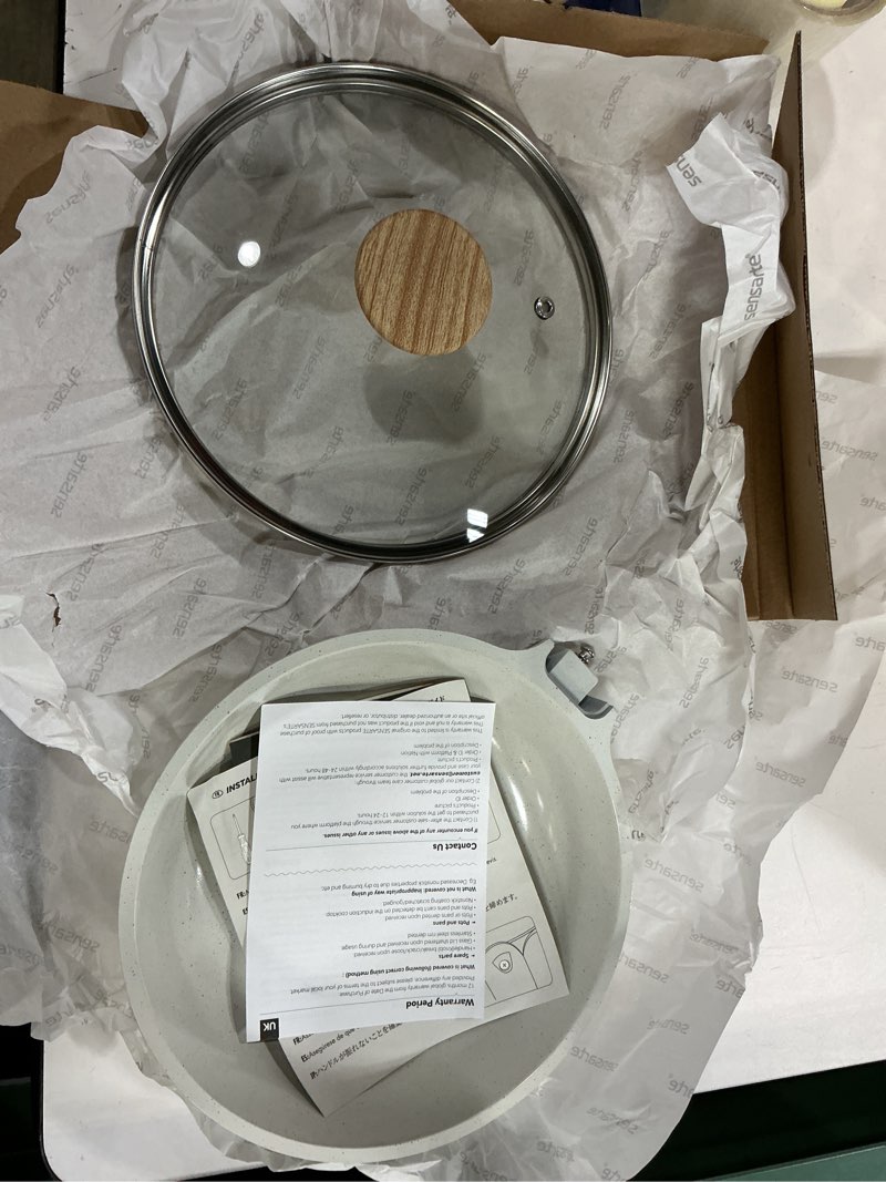 Condition photo showing As Is for sensarte nonstick ceramic frying pan with lid 8/9.5/10/11/12.5 inch omelet pan skillet, free of intentionally added pfas/ptfe non-toxic chef's pan induction compatible pan, heat resistant handle white ceramic 8 inch