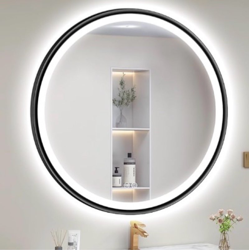 S·BAGNO 24'' Round Bathroom Mirror with Lights, LED Bathroom Vanity Wall Mirror with Anti-Fog, Stepl