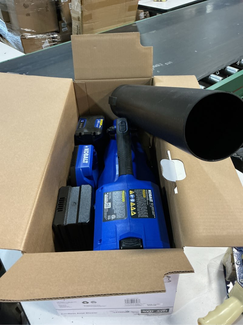 Condition photo showing New/Like New for kobalt 80-volt 630-cfm 140-mph battery handheld leaf blower 2.5 ah battery included charger included