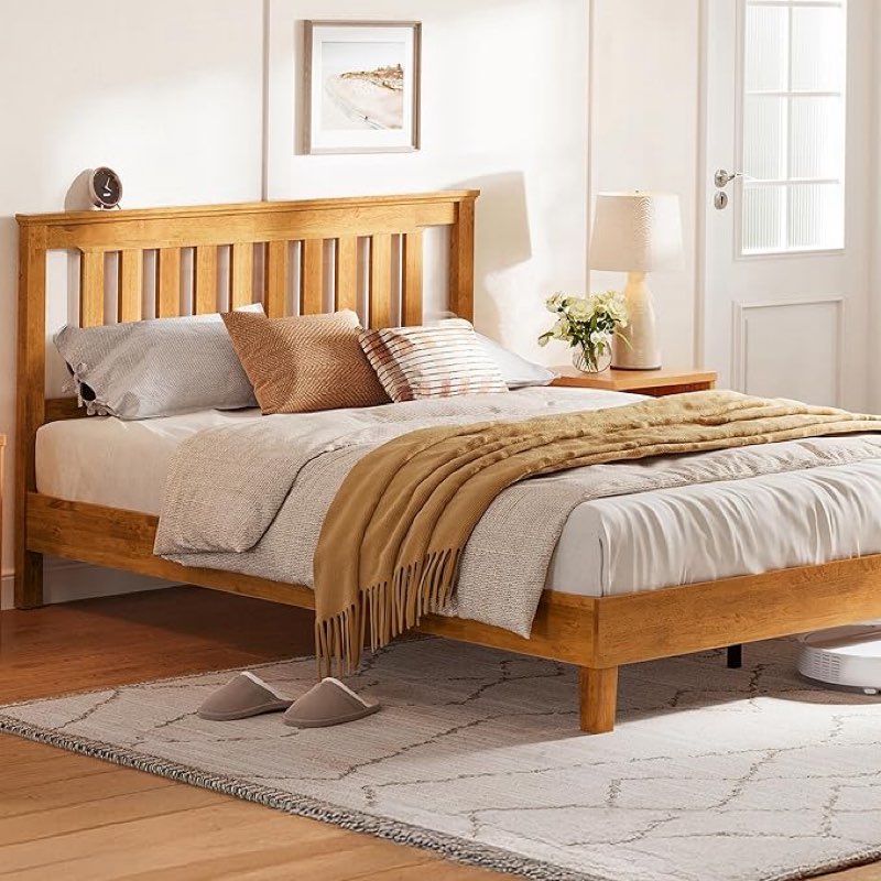 *similar to stock photo*LINSY Queen Bed Frame, Wood Platform Bed Frame with headboard, Solid Wood Bed with Wood Slat Support, No Box Spring Needed, Easy Assembly, Rustic Pine, Queen