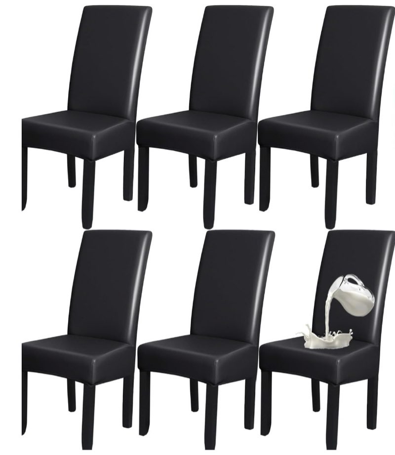HFCNMY Dining Room Chair Covers Set of 6,Stretch Waterproof PU Black Chair Covers,Soft Chair Covers 