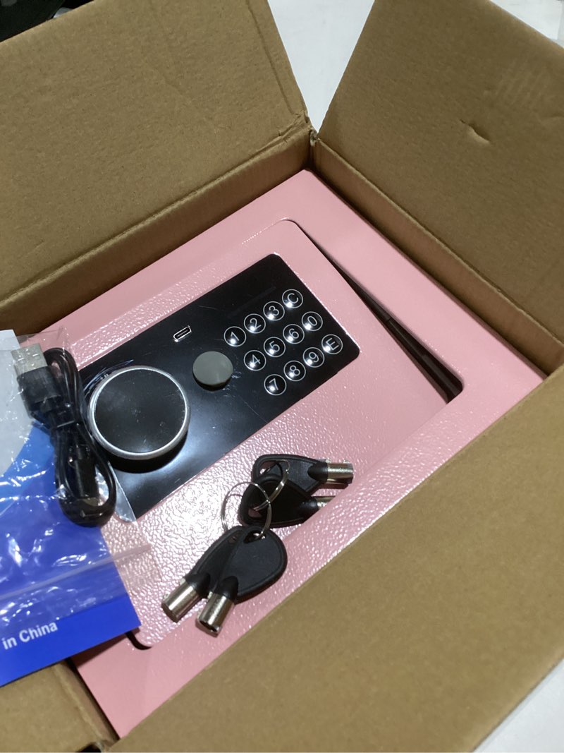 Condition photo showing As Is for **door is  off hinge**digital electronic money safe, steel security lock box with keypad, office hotel business jewelry gun cash safe, 0.23 cubic feet, 9.06\" w x 6.69\" d x 6.69\" h?pink? pink 0.23 cubic feet