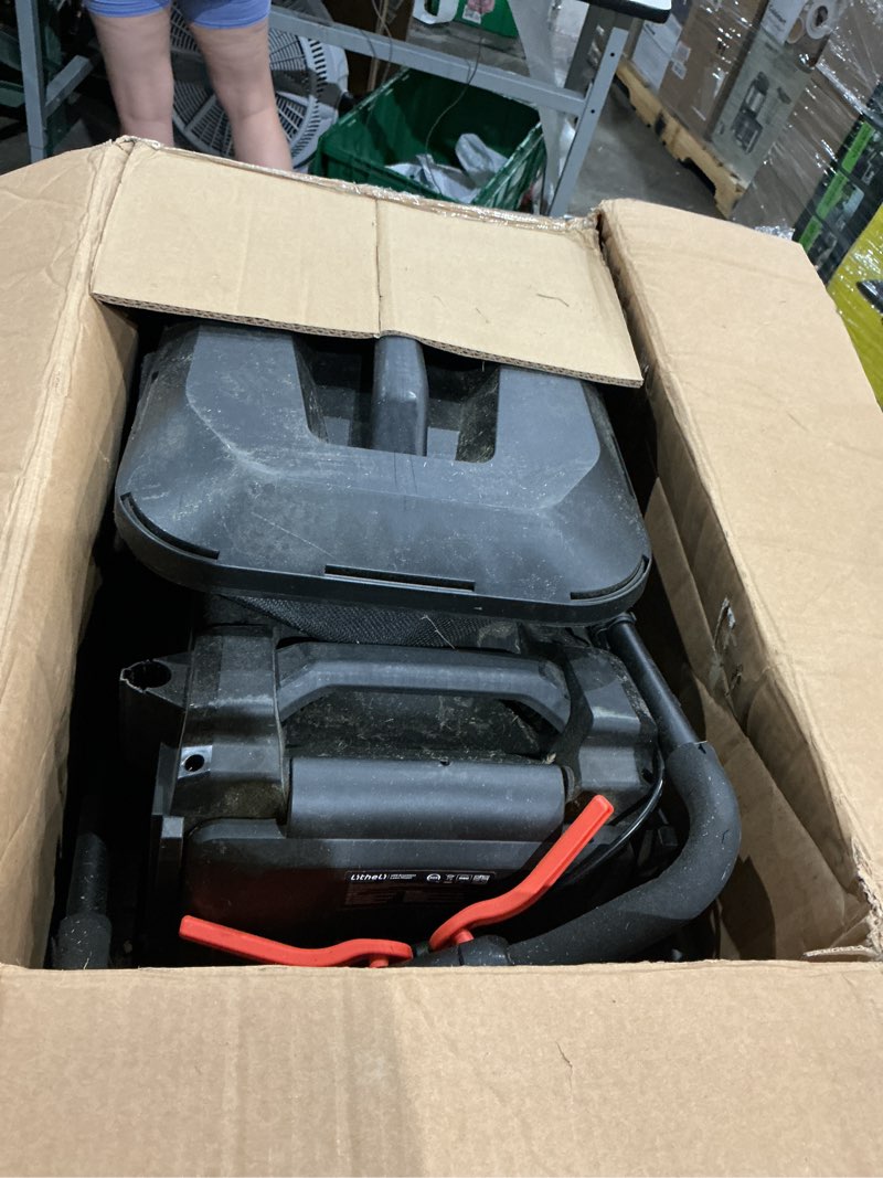 Condition photo showing As Is for litheli 14 inch cordless lawn mower, brushless battery powered push mower with 5.0ah battery, 5-position height, 8-gallon bag, lightweight grass cutter for small to mid-sized yards gray
