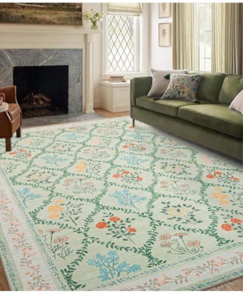 YIHOUSE Green Floral Washable Area Rug 6'x9'- Large Colorful Living Room Rug Ultra-Thin Non-Slip Are