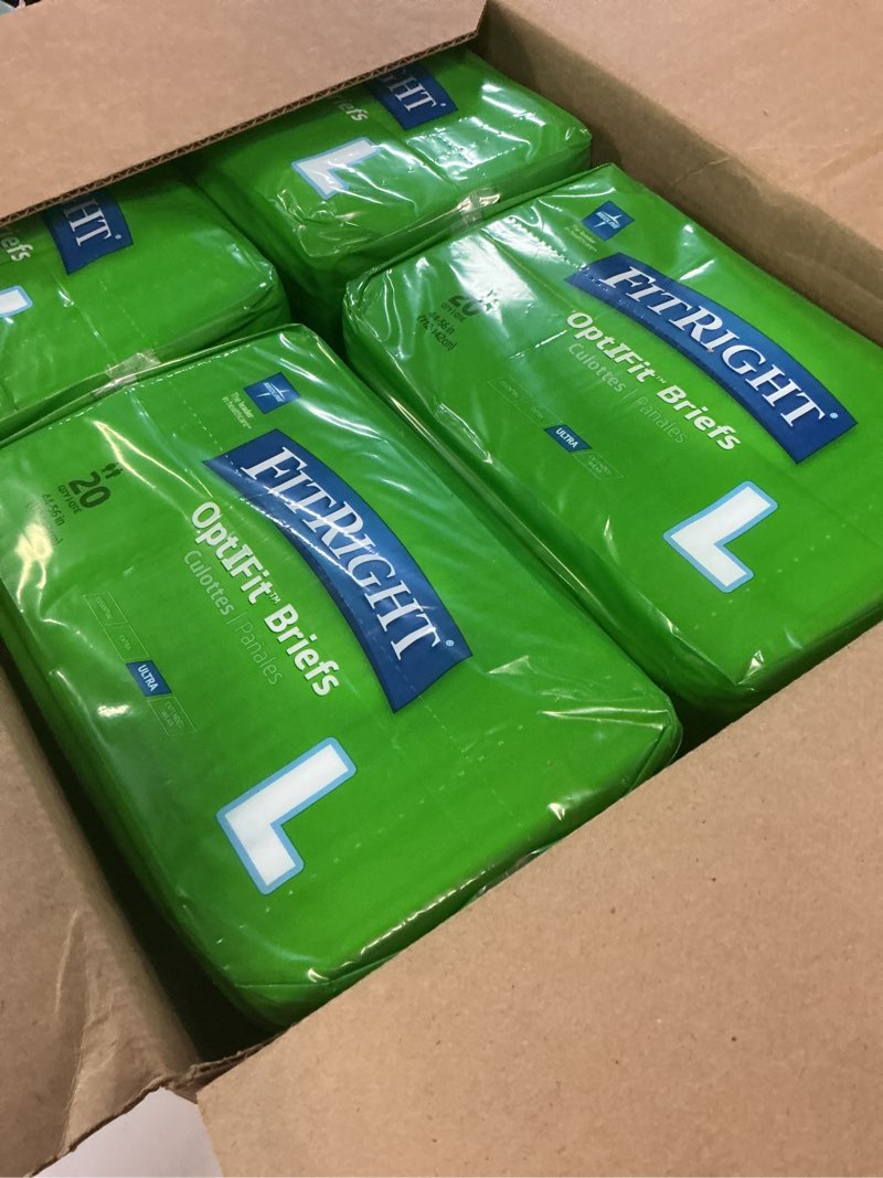 Condition photo showing New/Like New for fitright ultra heavy absorbency adult diapers for men & women, waist size: large 44-56 inches, optifit incontinence disposable briefs with leak protection for seniors, 80 count large 80 count