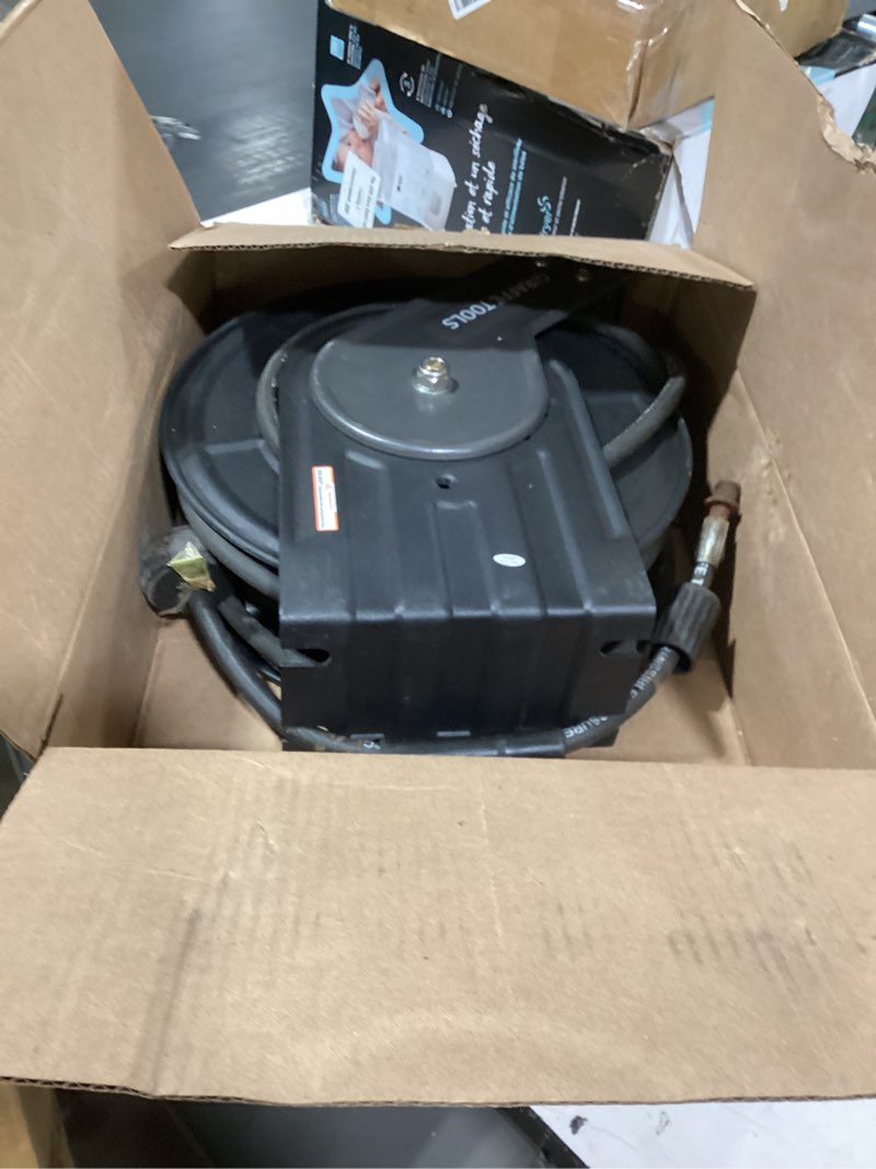 Condition photo showing As Is for similar product retractable garden hose reel 5/8 in x100 ft, heavy duty wall mounted hose reel with 10- function sprayer nozzle, any length lock/automatic slow return system,180° swivel bracket