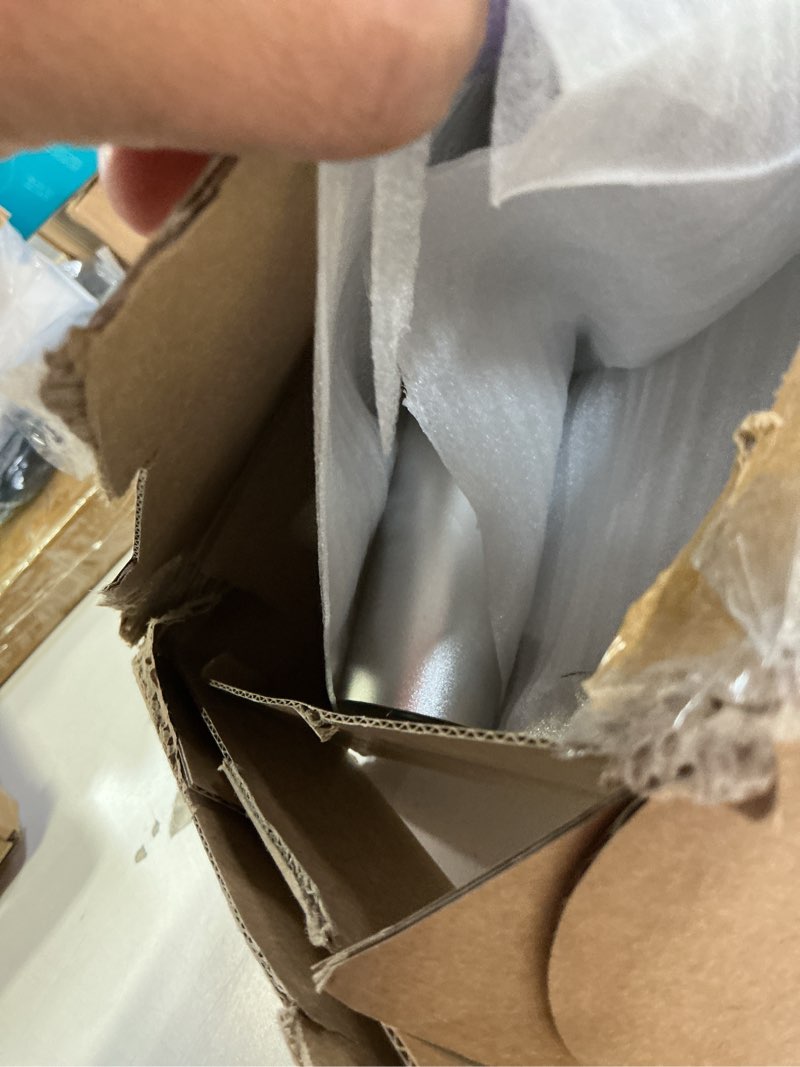 Condition photo showing As Is for almoz desk stand for echo show 21, echo show 15 (all generations), raises up to 9.5" from desk, tilt and swivel mount for alexa echo show 21, no tools required, stable centered rod design (up-silver)