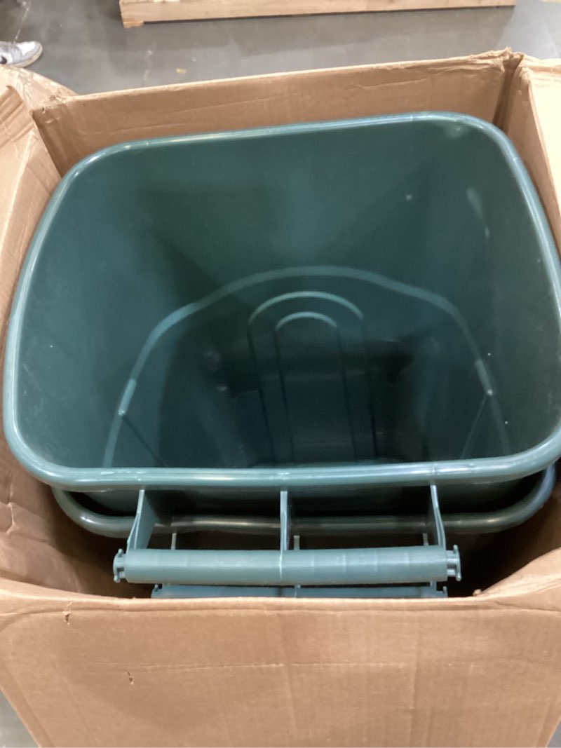 Condition photo showing As Is for ecosolution 32 gallon wheeled outdoor garbage can with attached snap lock lid and heavy-duty handles, eco green, heavy-duty construction, perfect back yard, deck, or garage trash can, pack of 2 eco green 32 gallon - 2 pack wheeled garbage can