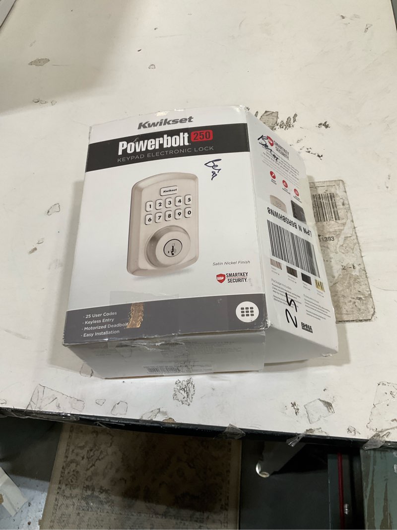 Condition photo showing As Is for kwikset powerbolt 250 10-button keypad satin nickel transitional electronic deadbolt door lock, featuring convenient keyless entry, customizable user codes, and auto-locking