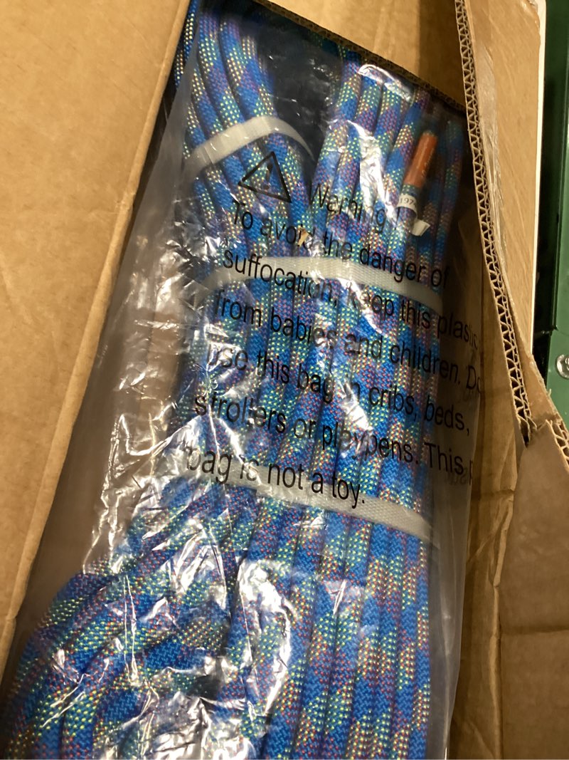 Condition photo showing New/Like New for vevor 10.2mm dynamic climbing rope, outdoor rock climbing rope 25kn breaking tension, stretchable fiber rope with steel snap hooks for escape, rappelling, fire rescue, blue 60m