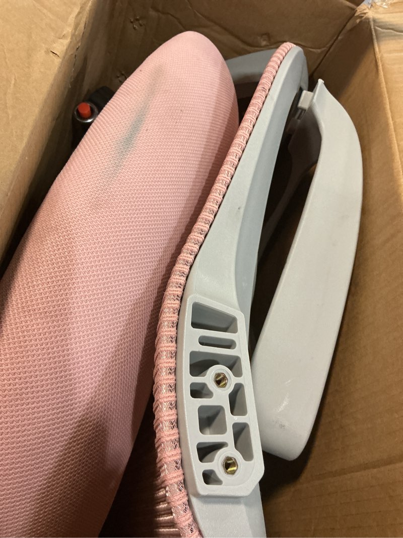 Condition photo showing As Is for sweetcrispy ergonomic mid-back mesh home office desk chair with wheels, lumbar support, and comfortable armrests for home, bedroom, study, office pink 18.5"d