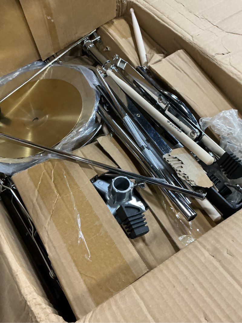 Condition photo showing New/Like New for kid drum sets-donner 5-piece for beginners, 14 inch full size complete junior drum kit with adjustable throne, cymbal, hi-hat, pedal & drumstick, metallic black