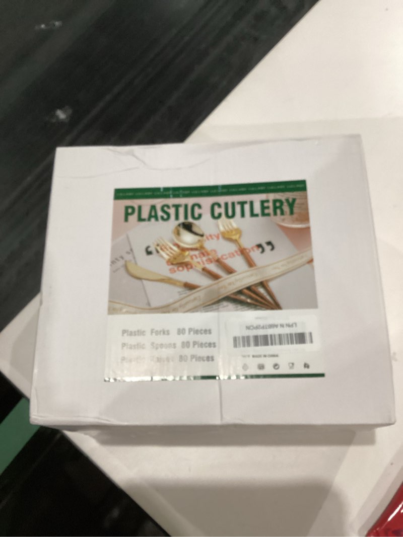 Condition photo showing New/Like New for Lullaby 240PCS Gold Plastic Silverware, Gold Disposable Cutlery with Wood Grain Handle Include 80 Forks, 80 Spoons, 80 Knives, Elegant Disposable Silverware for Wedding, Party, Gathering, Daily Use Gold-240pcs