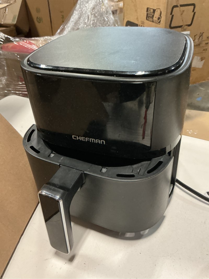 Condition photo showing As Is for Chefman Air Fryer – 6 QT Compact Airfryer for Quick & Easy Meals in Minutes, Features Hi-Fry Technology for Extra Crisp, Touchscreen Controls with 4 Presets, Nonstick & Dishwasher Safe Basket - Black Black 6 Quart