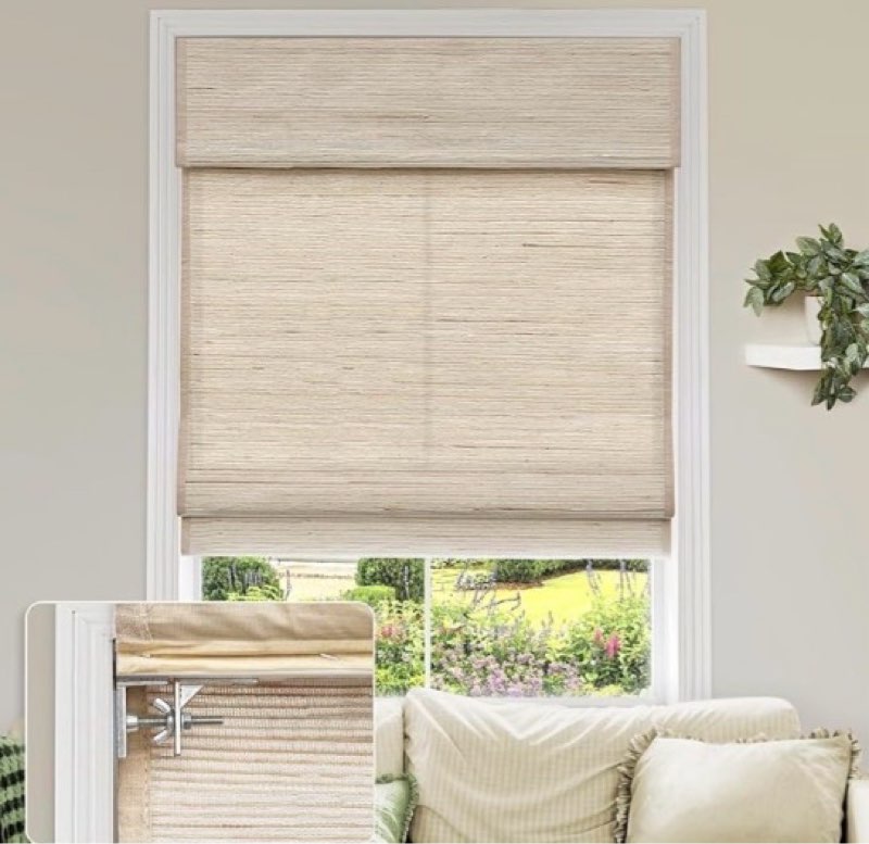 No Drill Cordless Roman Shades 26”Wx64”H Linen-Beige-Lightfiltering
