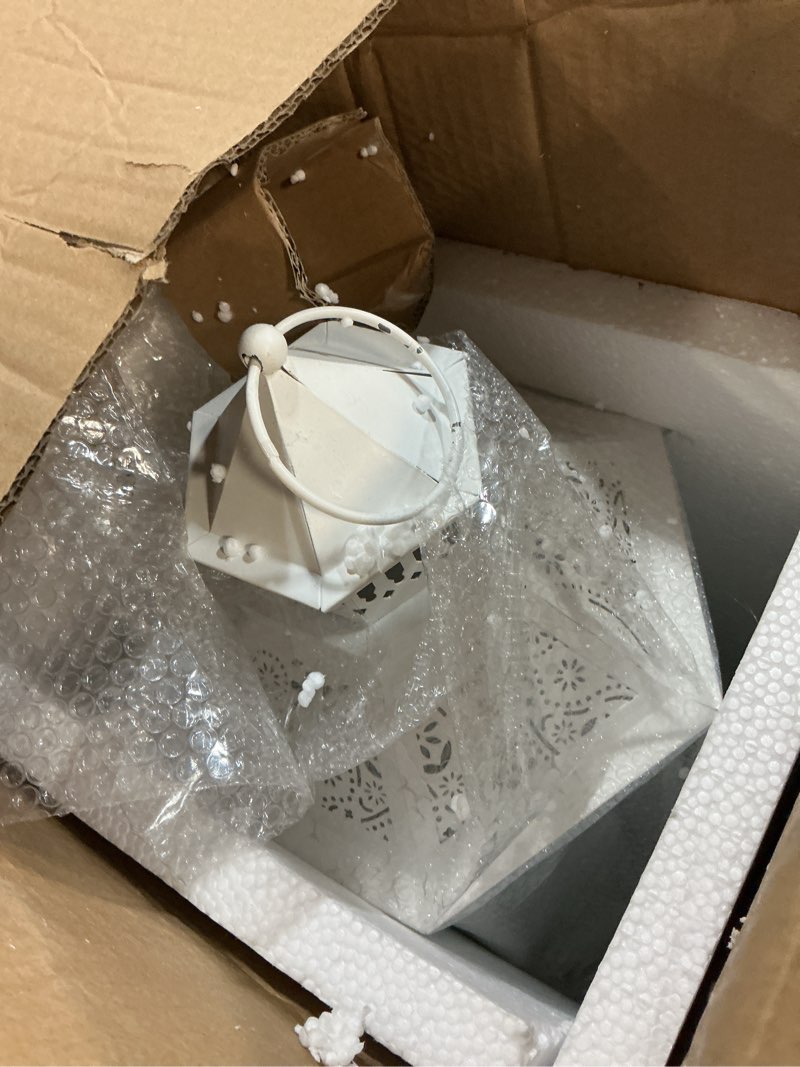 Condition photo showing Good Condition for trirocks set of 3 decorative candle lanterns18''&13"&10" h hexagonal candle holder vintage metal hanging lantern with tempered glass for garden patio wedding event indoors outdoors(white)