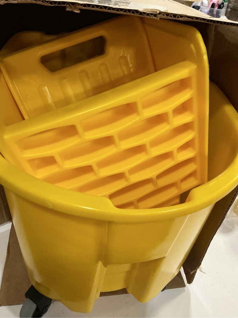 Condition photo showing Good Condition for rubbermaid commercial products wavebrake 35 qt. side-press mop bucket and wringer combo on wheels, yellow, for professional/industrial/business heavy-duty floor cleaning/mopping