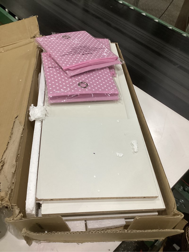 Condition photo showing Good Condition for (incomplete parts)furinno basic book shelf, 6-cube bookshelf with open shelf, 3 x 2 bookcase with storage bins, closed back, horizontal, 11.9 x 31.6 x 23.6, for living room, bedroom, home office, white/pink white/light pink 6-cube with bin