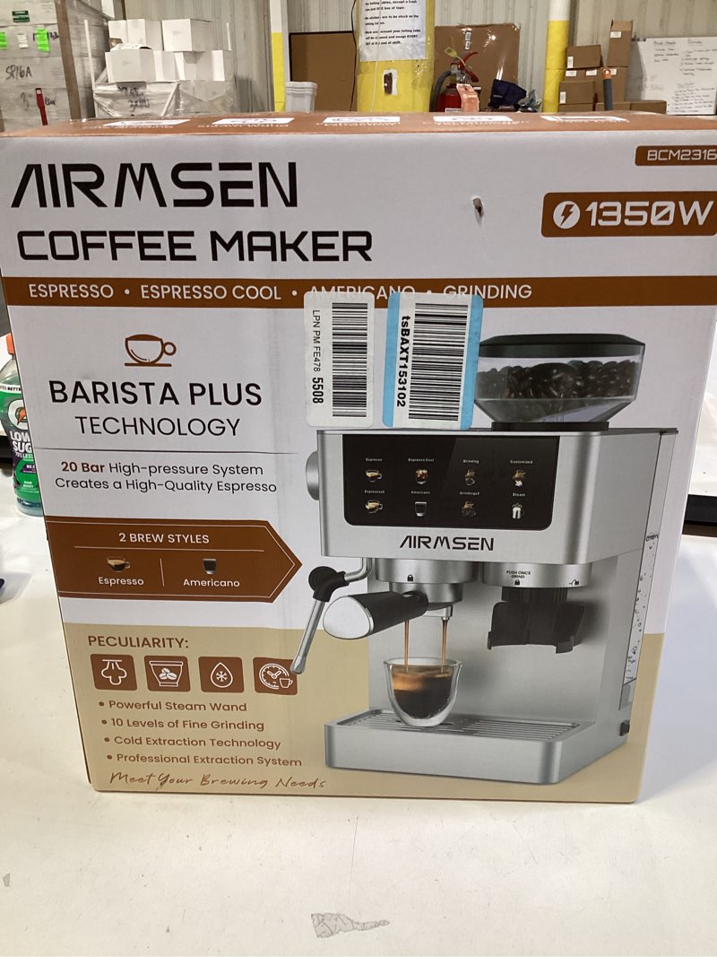 Condition photo showing New/Like New for airmsen espresso machines with burr grinder, 20 bar, milk frother steam wand, stainless steel coffee maker for home - cappuccino latte & ??cold brew?? iced coffee maker & americano