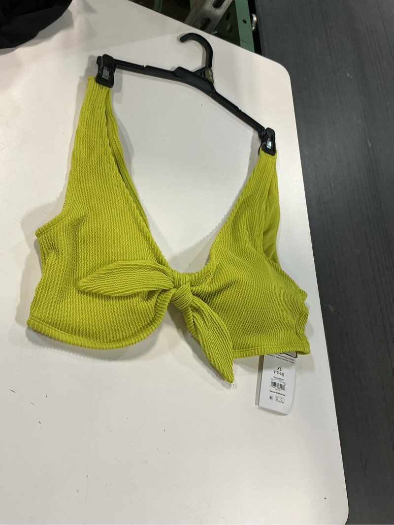 Condition photo showing Good Condition for time and tru women's and women's plus crinkle plunge tie front bikini top, size xl 